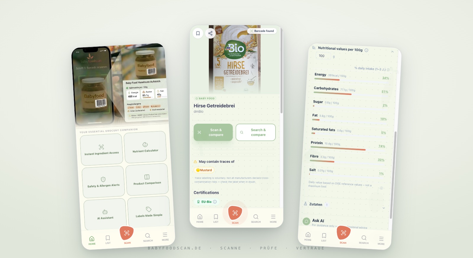 BabyFoodScan on three phone screens — the scan home, a scanned baby cereal, and nutrient bars measured against DGE reference values