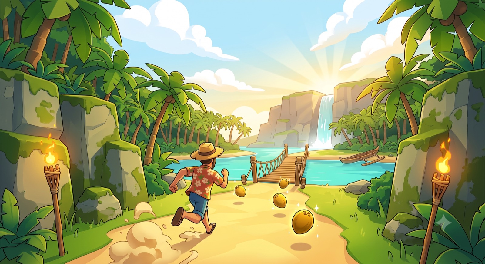TIKI DASH cover art — the runner chasing golden coconuts down a jungle beach path toward a waterfall